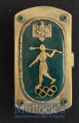 1936 Olympics Snuff Box in white metal and green enamel depicts German Symbol to top, with