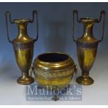 Victorian Aesthetic Brass Vases and Central Jardinière all with fine cast detail and patination,