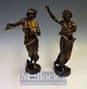 Pair Spelter Female Musicians – Featuring one playing the castanets and the other playing the violin