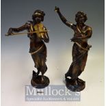 Pair Spelter Female Musicians – Featuring one playing the castanets and the other playing the violin