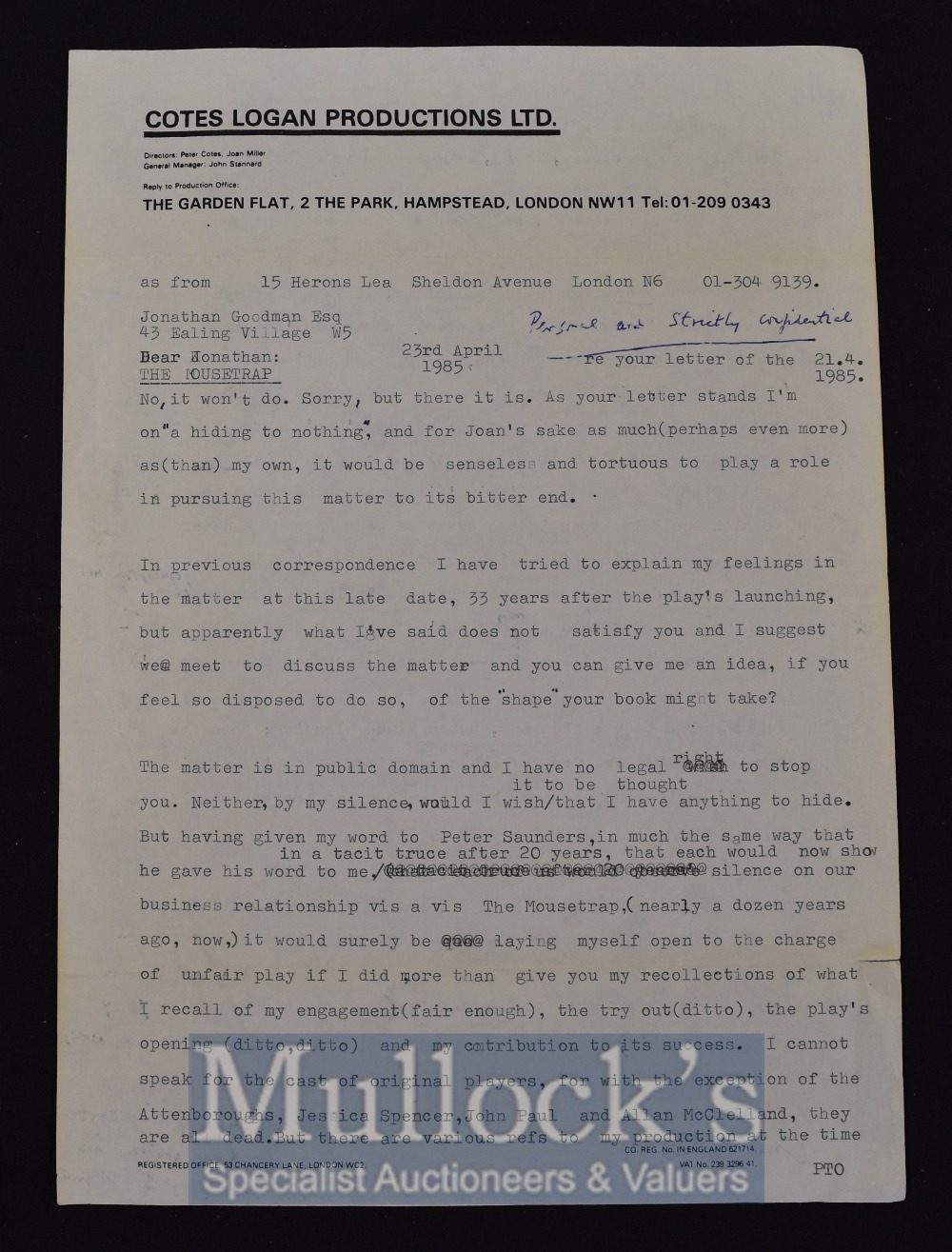 Peter Cotes – Original Director of ‘The Mousetrap’ Signed Typed Letter - inscribed ‘Personal and