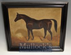 Edwardian Oil Painting of a Black Horse: On canvas signed to bottom right hand corner TC 1902,
