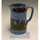 Prattware Ceramics: Scarce Blue Water Jug depicts Fox Hunting in Gold & Black transfer design