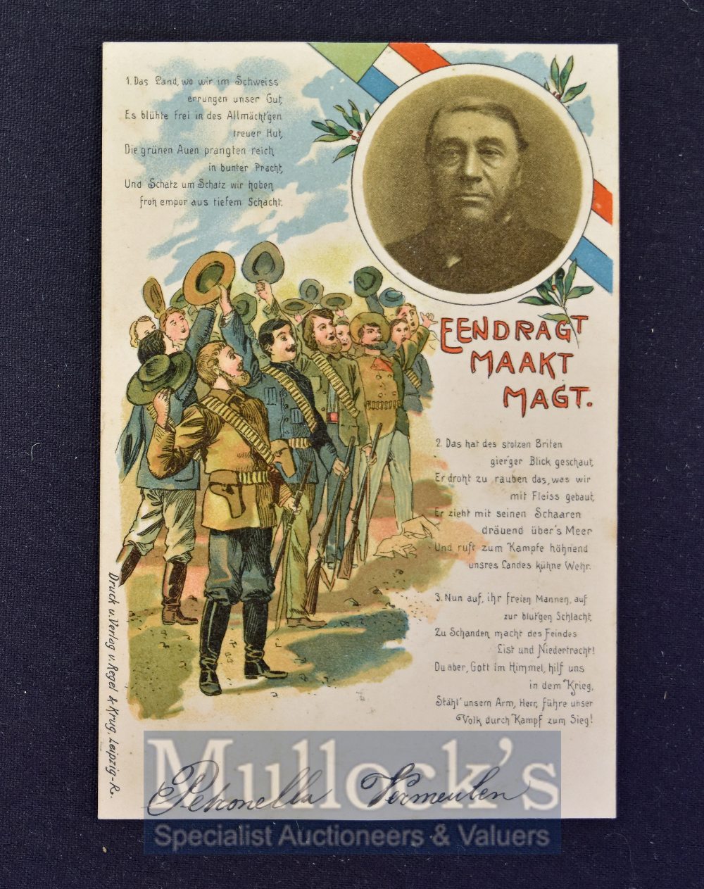 Boer War ‘Unity Makes Strength’ Postcard displays Paul Kruger to top left, a colour postcard, with