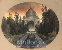 India - Original Watercolour of the Taj Mahal, Agra. Mounted on old paper. c1900s 18.5 x 15 cm