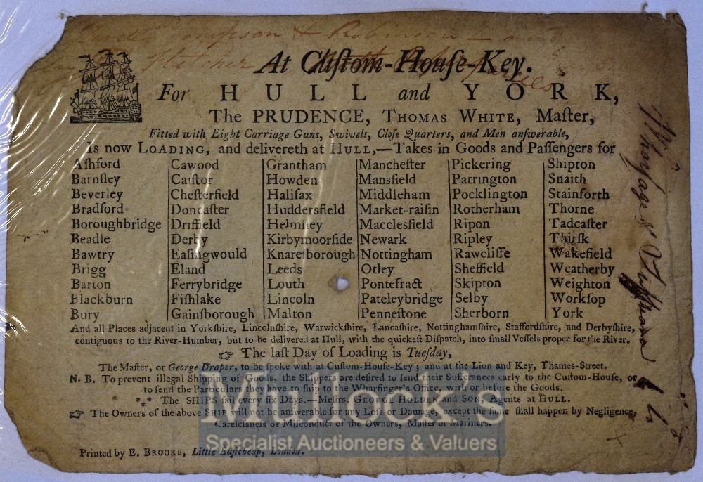 Ships Loading Advert C.1790 At Clifton-House-Key – For Hull and York, the Prudence Thomas White,