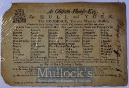 Ships Loading Advert C.1790 At Clifton-House-Key – For Hull and York, the Prudence Thomas White,