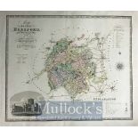 1834 C&I Greenwood Map of Hereford hand coloured with engraved view of Hereford Cathedral,