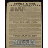 C.1830 Indian Curry Pastes for Sale Cooke & Co – 99 Hatton Garden, London, a sheet advertising the