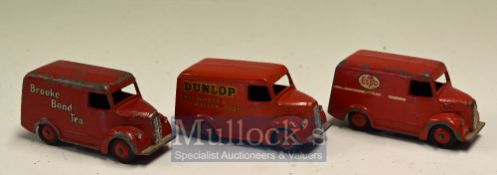 Dinky Toys Trojan Vans – All red examples having different liveries Brooke Bond Tea, Dunlop Tyres,