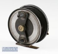 Rare large Allcocks “The Salar” alloy wide drum salmon reel - 4.5” dia., Smooth brass foot, on-off