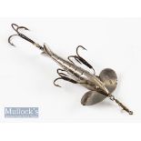 Rare Gregory Silver 2” Treble Hooked Minnow – White metal construction with triple hooks on tail and