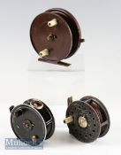 3 various Allcock alloy fly reels: 3.5” Aerial Style finished in dark brown, quick drum release