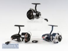 3x Mitchell fixed spool reels to include 2 right-hand models: Garcia Mitchell 441A blue housing with