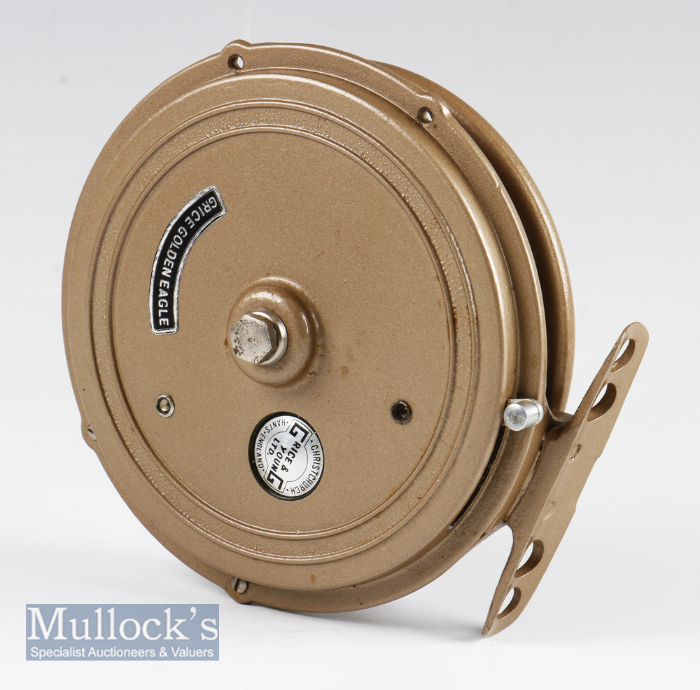 Grice and Young Golden Eagle narrow drum centre pin reel. 4 3/8in with black composition back - Image 2 of 2