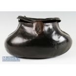Late 18thc leather pot bellied fly fisherman’s creel - 11.25” x 6” h x 5.5” deep, with decorative