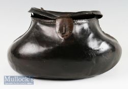 Late 18thc leather pot bellied fly fisherman’s creel - 11.25” x 6” h x 5.5” deep, with decorative