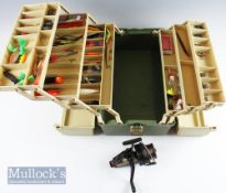 Large Plano Cantilever Tackle box c/w reels and accessories – High impact plastic with 6 trays