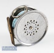 Fine Hardy The Perfect Dup Mk II alloy salmon fly reel – 4.25” dia, ribbed brass foot, nickel