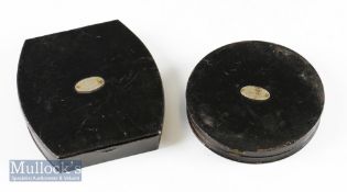 Hardy Bros Alnwick black Japanned fly case and cast holder to include a circular case containing few