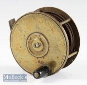 Large unnamed Birmingham brass plate wind salmon fly reel -4.25” dia, foot knocked and filed to