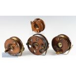4x interesting Nottingham wooden and brass star back reels – to incl 5” dia with alloy rear drum