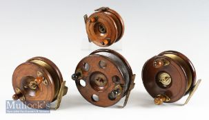 4x interesting Nottingham wooden and brass star back reels – to incl 5” dia with alloy rear drum
