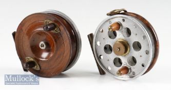 2x combination alloy and wooden centre pin reels – to incl Facile style 4” narrow ventilated alloy