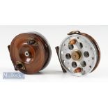 2x combination alloy and wooden centre pin reels – to incl Facile style 4” narrow ventilated alloy