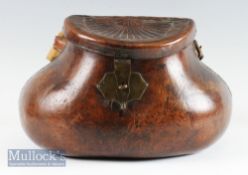 Fine and rare most remarkable 18th Century brown leather pot-bellied fishing creel – 7.5”h x 11.75”w