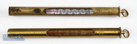 Hardy Brass Thermometers: Pair of Hardy brass case having glass thermometers in with screw top