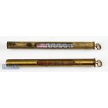 Hardy Brass Thermometers: Pair of Hardy brass case having glass thermometers in with screw top