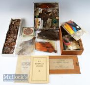 Collection of period and later Fly Dressing materials - incl Veniards Salmon Fly-Tying Outfit wooden