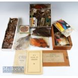 Collection of period and later Fly Dressing materials - incl Veniards Salmon Fly-Tying Outfit wooden