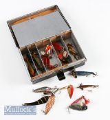 Marked ‘Made in England’ black japanned bait box with hinge lid compartments, containing a selection