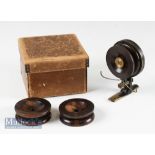 Fine J.E Miller Leeds “The Chippendale” Patent casting reel 22271/1909 - c/w 2 spare rosewood spools