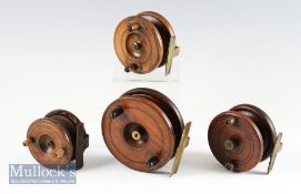 4x various Nottingham wooden and brass strap back reels – 4.5” dia narrow drum with a fishtail brass