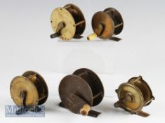 Early all brass crank wind winch Reels, 2.75” diameter wide drum, serpent handle, ivory knob, 2.5”