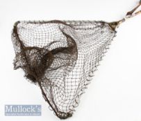 Victorian Sprung Fishing Folding Landing Net. Pokerwork bamboo handle with wooden grip and brass