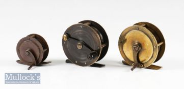 3x various brass crank wind fly reels – fine Allcocks 2.5” dia with counter balanced handle, on/