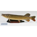 Brian Mills Wooden Carved Pike – Hand carved and coloured Pike on wooden base 12.5 inches signed B W