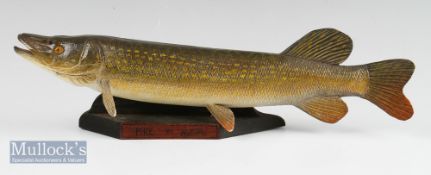 Brian Mills Wooden Carved Pike – Hand carved and coloured Pike on wooden base 12.5 inches signed B W