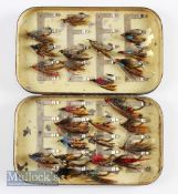 P.D Malloch Perth patent black Japanned fly case no. 13561 clip interior, contains dressed Salmon