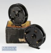 Pair of JW Young Rapidex alloy trotting reels. A black bobble finish example in as new condition