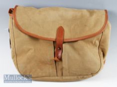 Hardy canvass and leather game bag with removable liner, shoulder strap, brass net ring measures 14"