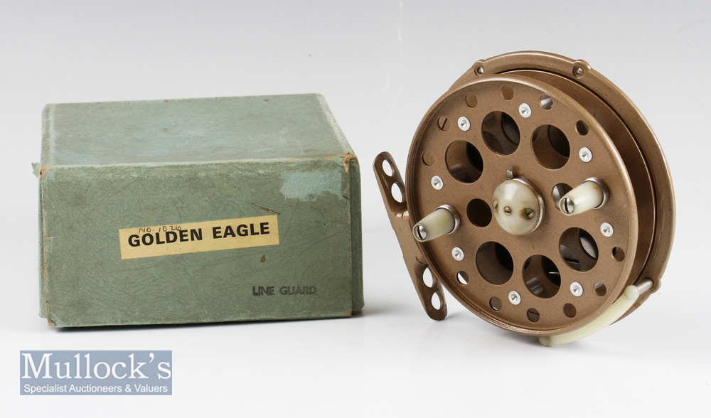 Grice and Young Golden Eagle narrow drum centre pin reel. 4 3/8in with black composition back