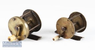 Victorian brass multiplier and a wide drum crank wind reels (2) - 2” x 1 7/8” multiplier with curved