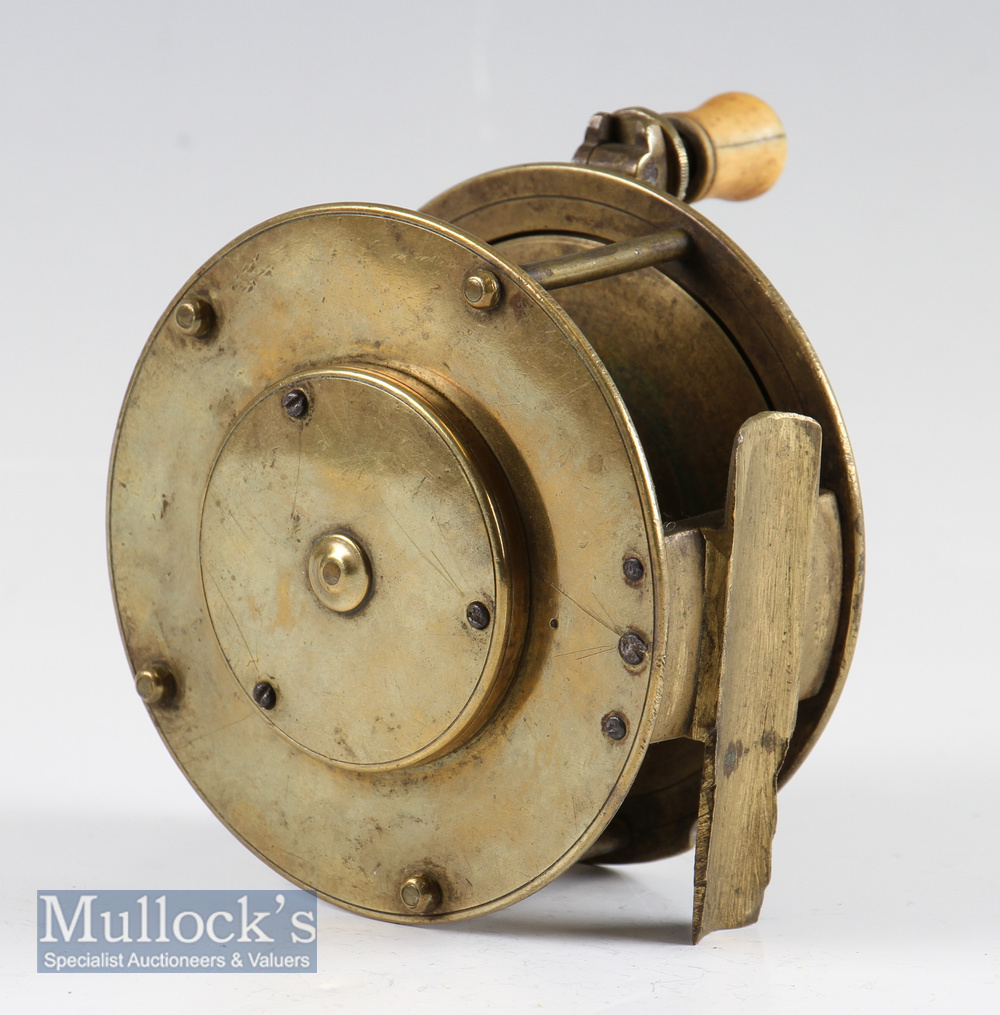 Scarce and early C Farlow Maker 191 The Strand brass folding handle salmon fly reel c. 1870 – 4” dia - Image 2 of 2