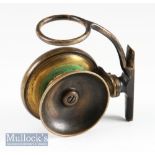 P.D Malloch Perth Pat 1st Model brass side casting reel – 2 7/8” dia spool, plate wind stamped