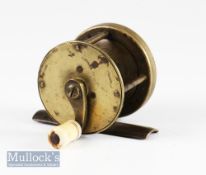 Vic small brass crank wind wide drum fly reel – 2” dia x 1 5/8” width with raised check housing,